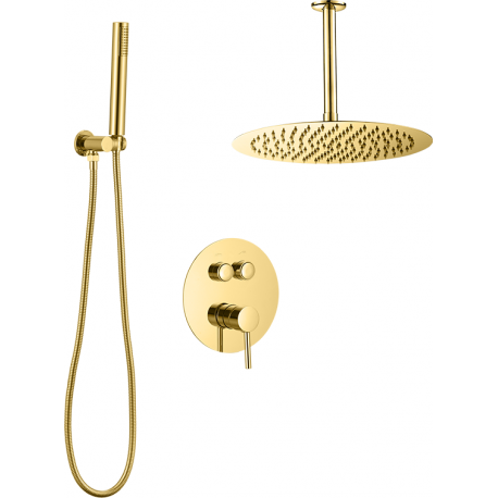 Douche encastrable au plafond monocommande ronde à bouton-poussoir doré brossé